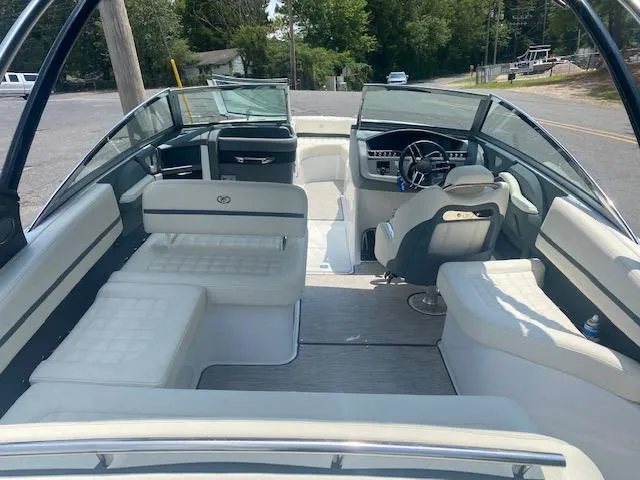 Slide: The Image of 2021 Cobalt R5 boat interior with white seating and modern dashboard. - 13