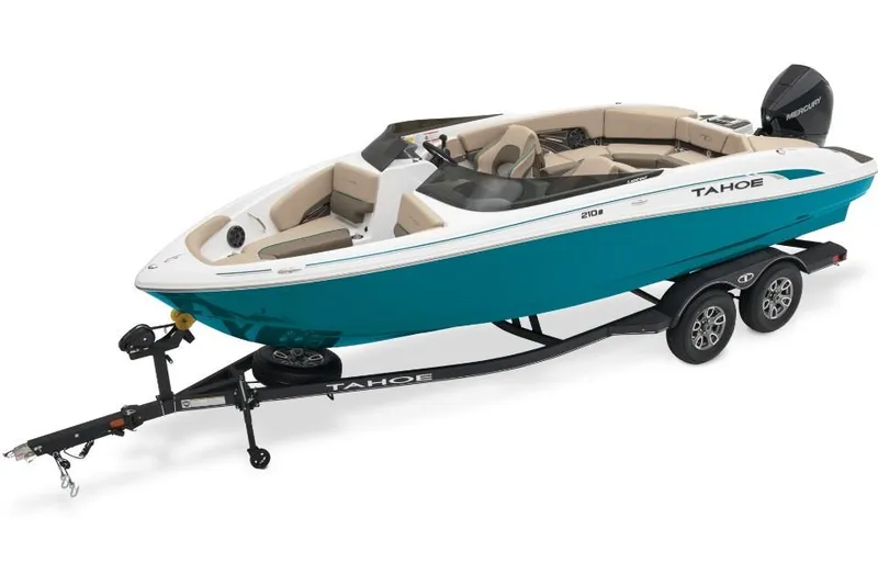 Slide: The Image of 2024 Tahoe 210 S boat on trailer, teal and white design, sleek and modern. - 7