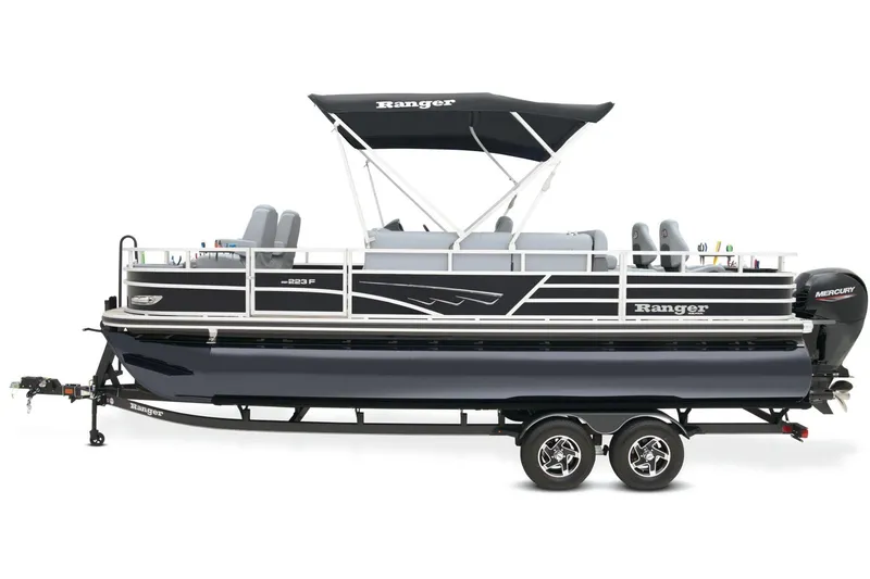 Slide: The Image of 2024 Ranger Reata 223F pontoon boat with canopy and trailer. - 11