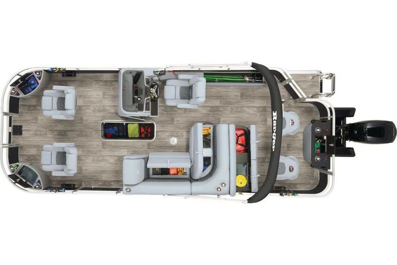 Slide: The Image of 2024 Ranger Reata 223F pontoon boat interior layout with seating and storage. - 14