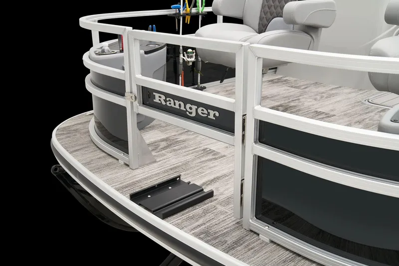 Slide: The Image of 2024 Ranger Reata 223F pontoon boat deck with seating and fishing rod holders. - 24