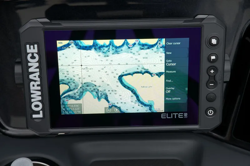 Slide: The Image of Lowrance Elite fishfinder on 2024 Ranger Reata 223F boat displaying a detailed map. - 36