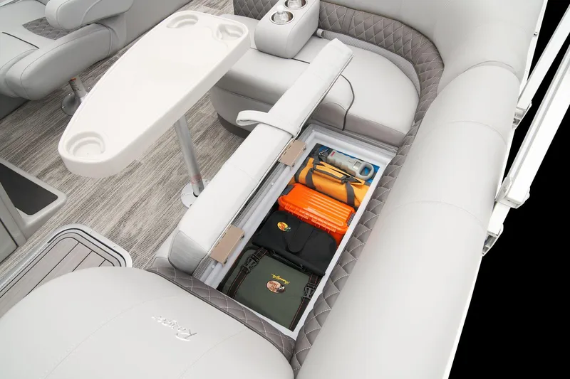 Slide: The Image of 2024 Ranger Reata 223F boat interior with under-seat storage compartment. - 49