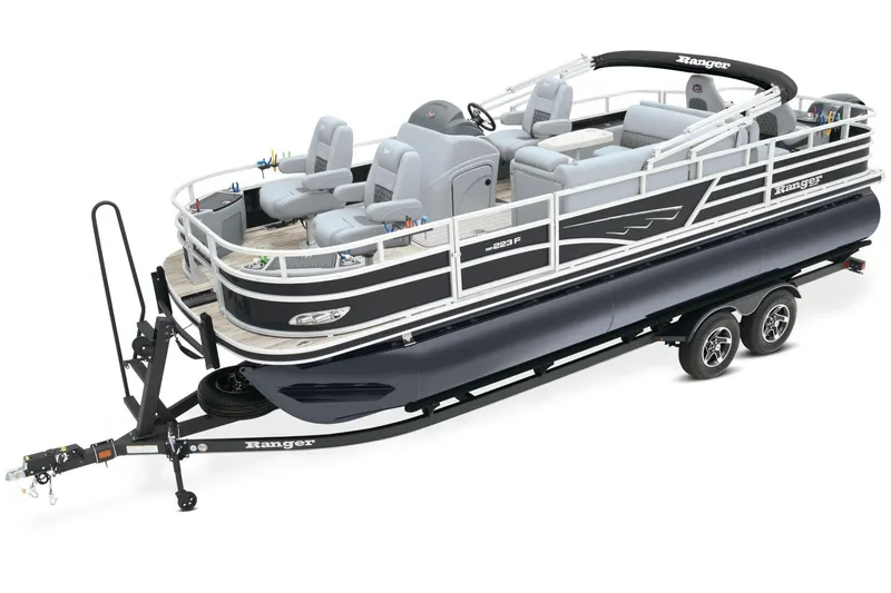 Slide: The Image of 2024 Ranger Reata 223F pontoon boat on trailer. - 5