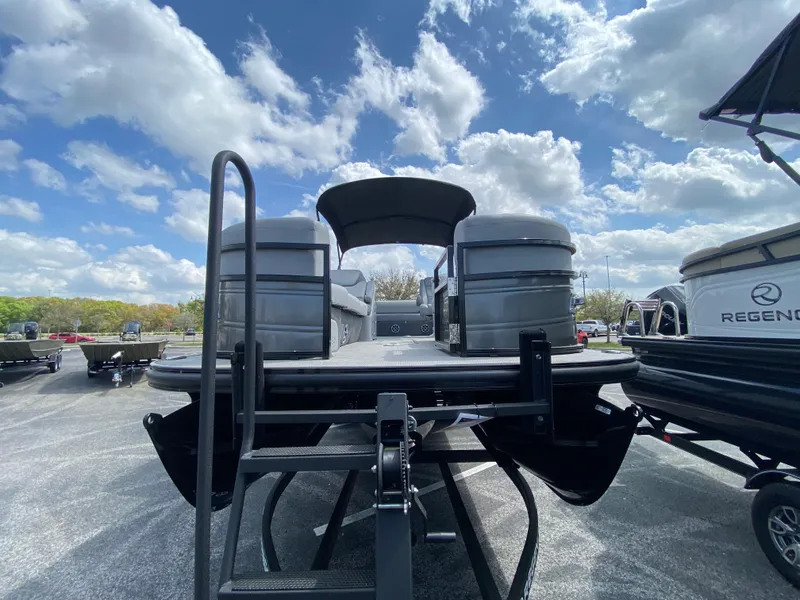 Slide: The Image of 2024 Regency 250 DL3 pontoon boat under a partly cloudy sky. - 3