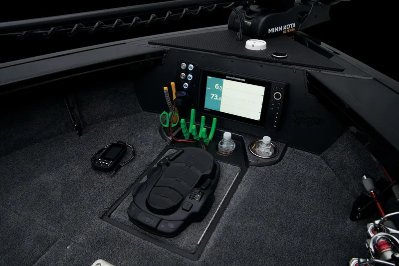 Slide: The Image of 2024 Ranger VX1888 WT boat dashboard with fishfinder and Minn Kota trolling motor. - 34