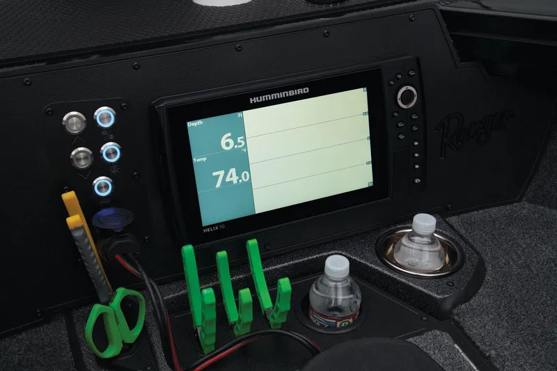 Slide: The Image of 2024 Ranger VX1888 WT boat dashboard with Humminbird display and accessories. - 35