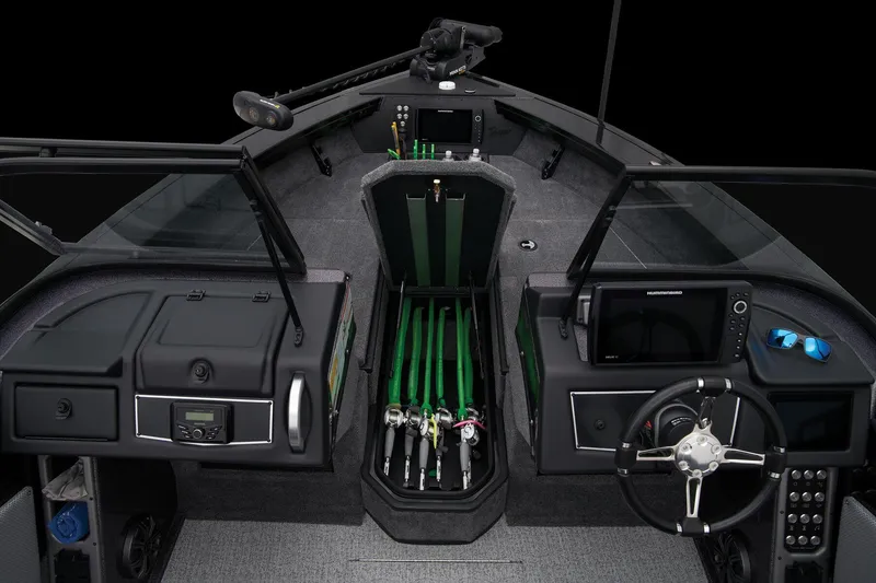 Slide: The Image of 2024 Ranger VX1888 WT boat interior with rod storage and control panel. - 48