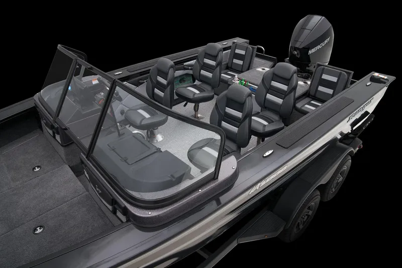 Slide: The Image of 2024 Ranger VX1888 WT boat interior with multiple seats and Mercury outboard motor. - 49