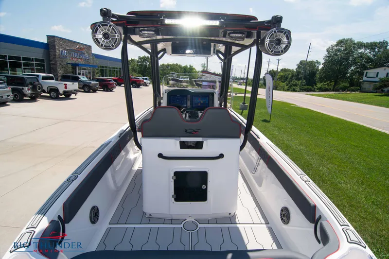 Slide: The Image of 2024 Glasstream 28 GSX Pro boat interior with advanced navigation system and speakers. - 10