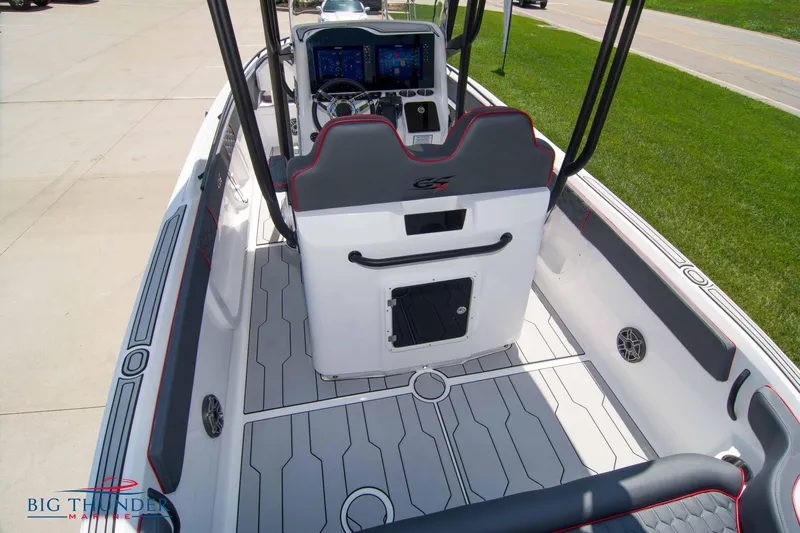 Slide: The Image of 2024 Glasstream 28 GSX Pro boat interior with modern dashboard and seating. - 11