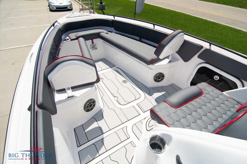 Slide: The Image of 2024 Glasstream 28 GSX Pro boat interior with cushioned seating and modern design. - 18