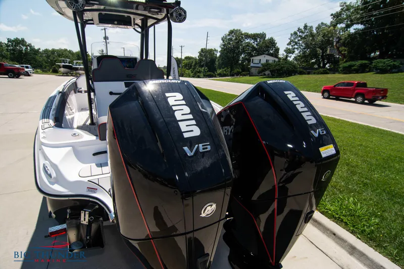 Slide: The Image of 2024 Glasstream 28 GSX Pro boat with twin Mercury V6 engines. - 7