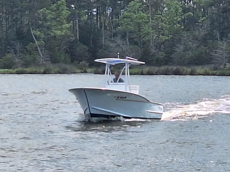 The Image of 2008 Custom Carolina boat cruising on a river with forested background. - 0