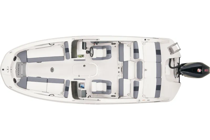 Slide: The Image of 2024 Tahoe T21 boat interior layout with seating and outboard motor. - 8