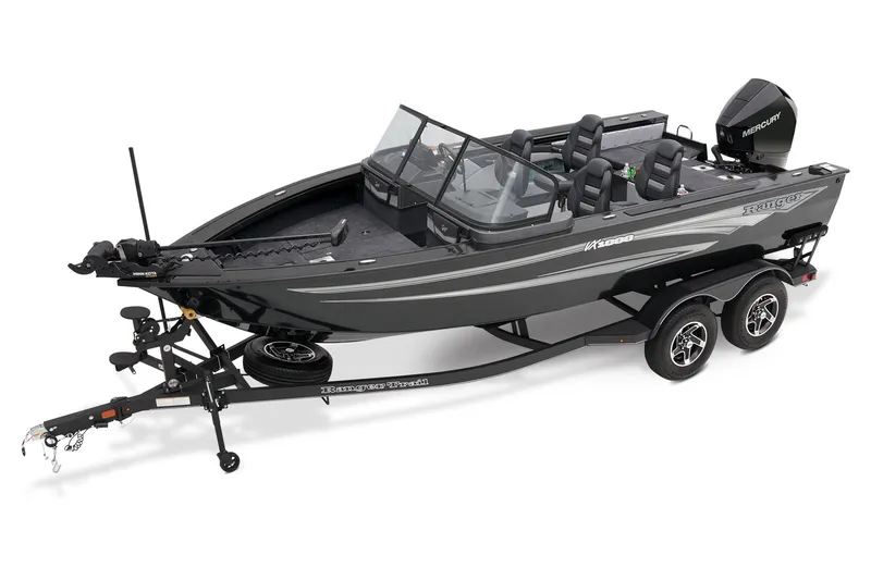 Slide: The Image of 2024 Ranger VX1888 WT fishing boat with trailer, black exterior, and dual console design. - 5