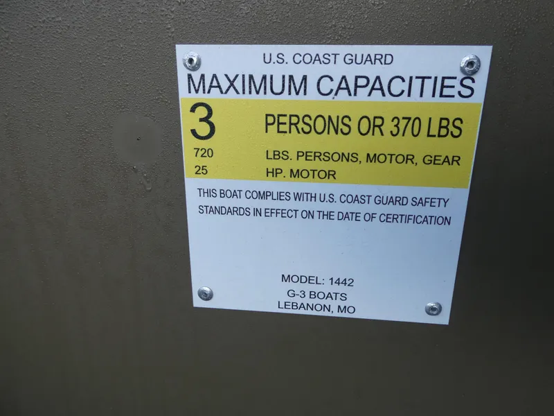 Slide: The Image of 2024 G3 1442 boat capacity label: 3 persons or 370 lbs, 25 HP motor. - 6