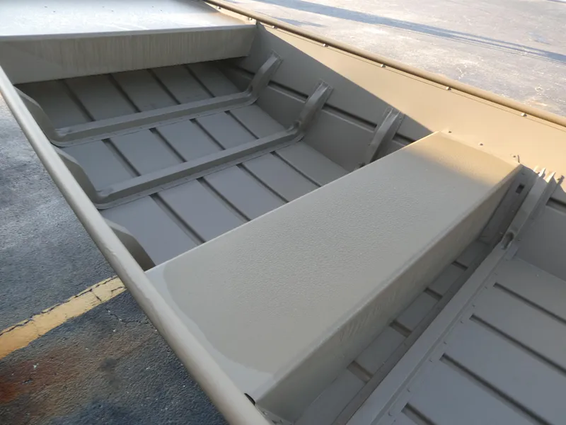 Slide: The Image of 2024 G3 1442 boat interior with aluminum flooring and bench seats. - 7