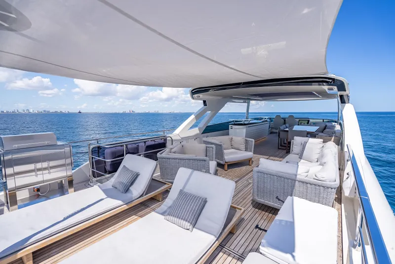 Slide: The Image of Luxurious 2022 Absolute Navetta 73 yacht deck with elegant seating and ocean view. - 14