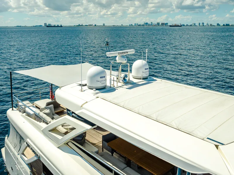 Slide: The Image of Luxury Absolute Navetta 73 yacht on open sea, 2022 model, with city skyline in background. - 7