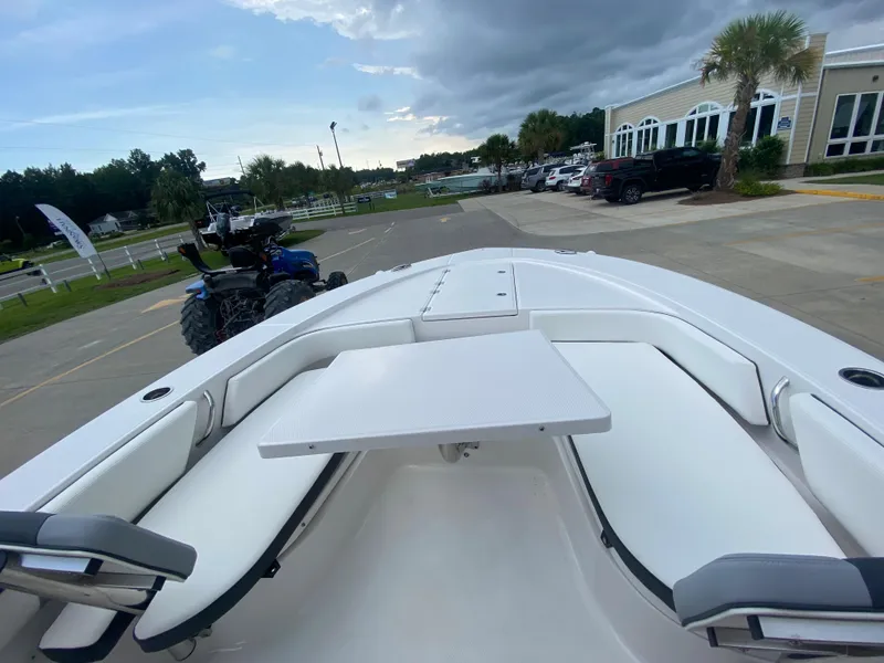 Slide: The Image of 2024 Robalo 246 Cayman boat with white seating and table, docked at marina. - 20