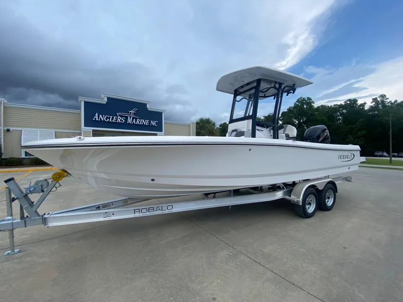 Slide: The Image of 2024 Robalo 246 Cayman boat on trailer at Anglers Marine NC. - 5