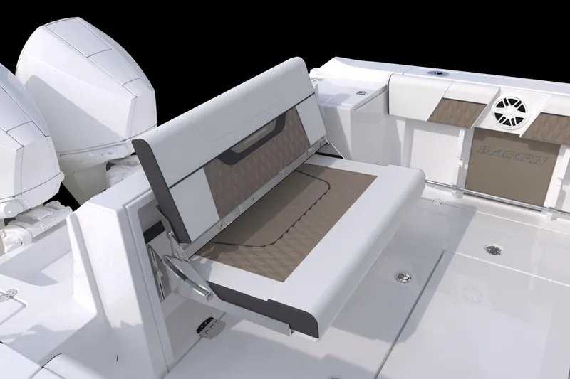 Slide: The Image of 2024 Blackfin 252DC boat with foldable seating and dual outboard engines. - 15
