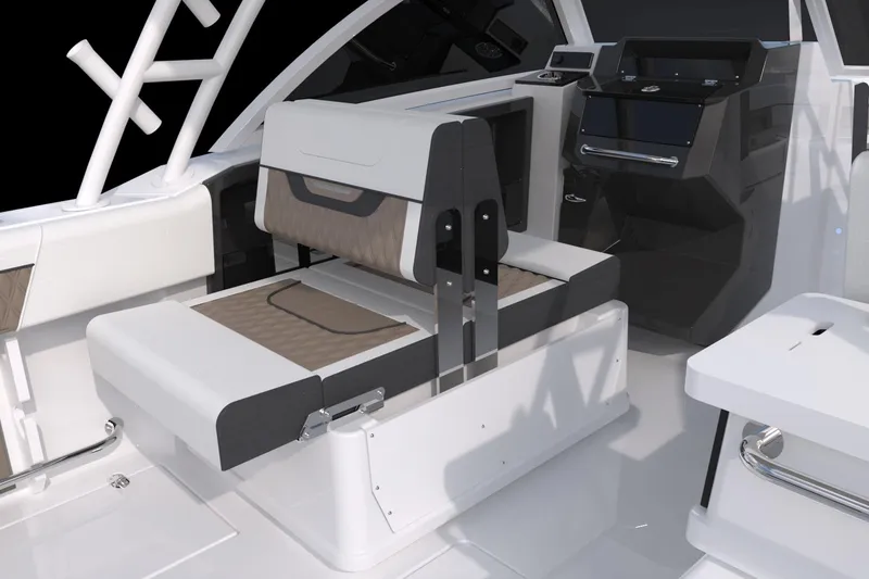 Slide: The Image of 2024 Blackfin 252DC boat interior with adjustable seating and modern dashboard. - 20