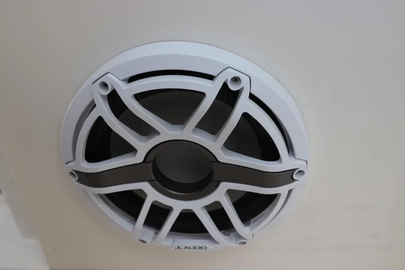 Slide: The Image of Close-up of JL Audio speaker on 2021 Robalo 246 Cayman SD boat. - 30