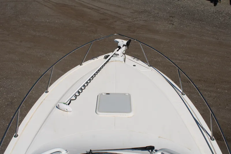 Slide: The Image of 2021 Albemarle 30 Express boat bow with anchor and hatch, viewed from above. - 14