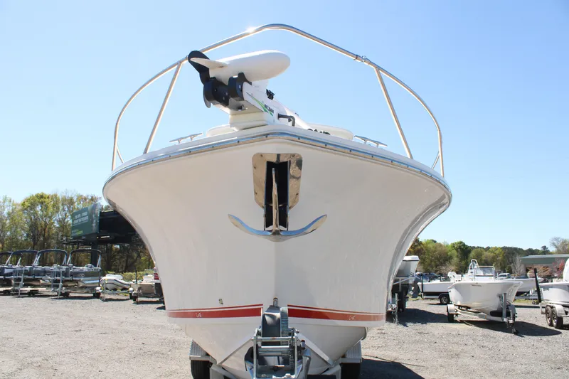 Slide: The Image of 2021 Albemarle 30 Express boat on trailer, front view, in outdoor setting. - 2
