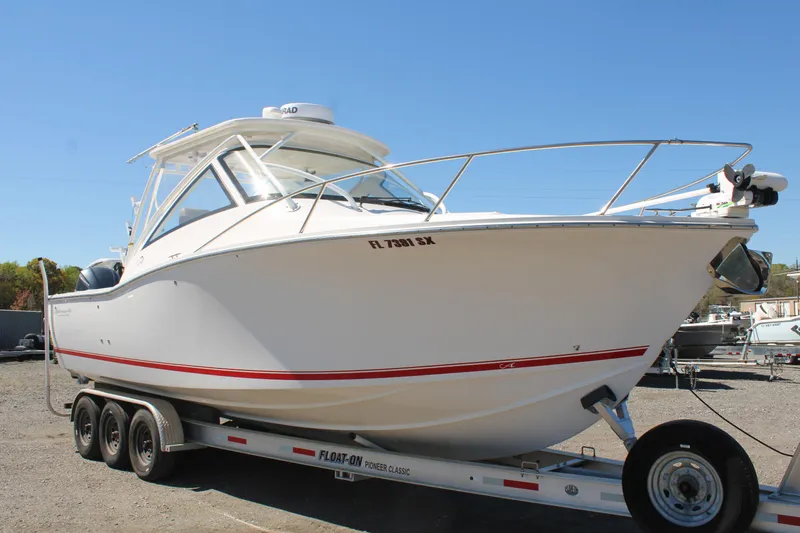 Slide: The Image of 2021 Albemarle 30 Express boat on trailer, side view, clear sky background. - 3