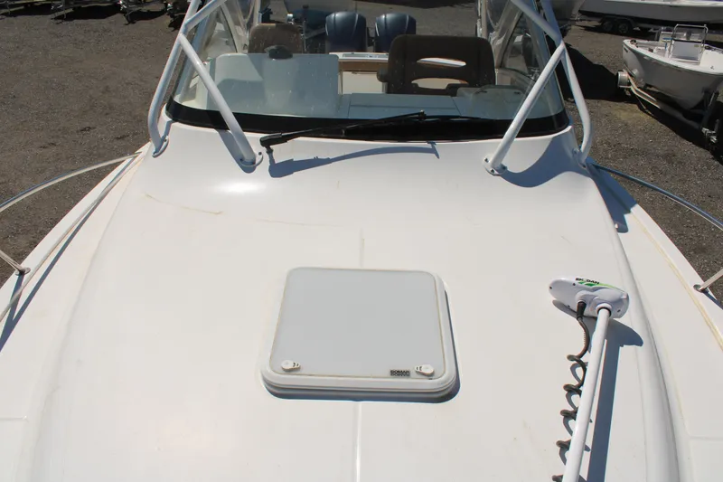 Slide: The Image of 2021 Albemarle 30 Express boat deck with windshield and hatch. - 8