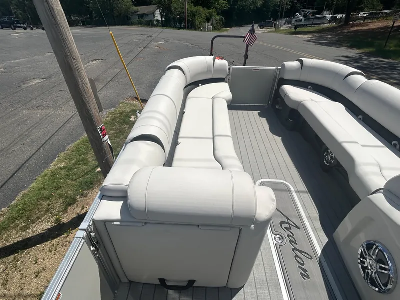 Slide: The Image of 2023 Avalon 2785 ENT FS pontoon boat with spacious seating and modern design. - 14