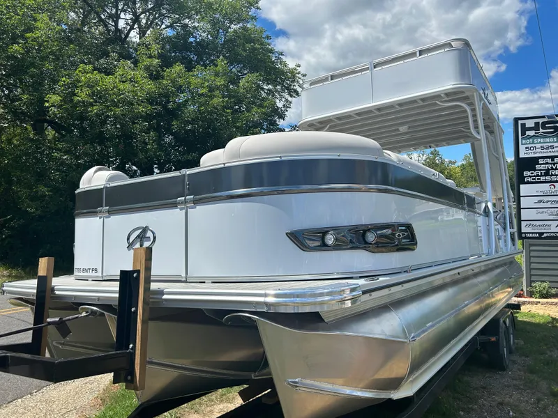 Slide: The Image of 2023 Avalon 2785 ENT FS pontoon boat on trailer, side view. - 3