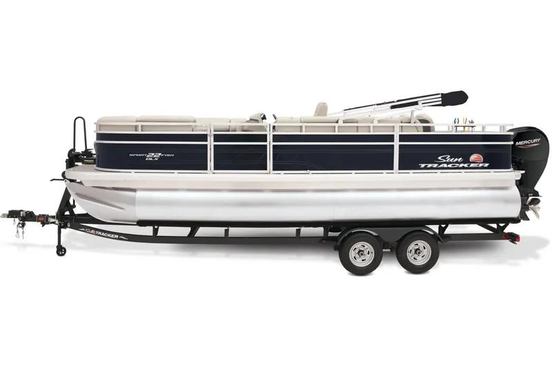 Slide: The Image of 2024 Sun Tracker SportFish 22 DLX pontoon boat on trailer. - 5