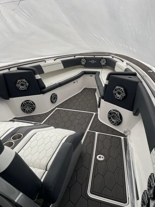 Slide: The Image of 2025 Fountain 38 SC boat interior with luxurious seating and modern design. - 19