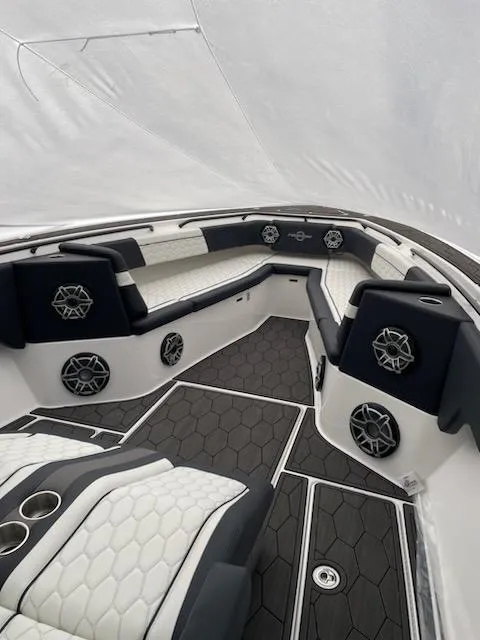 Slide: The Image of Interior of 2025 Fountain 38 SC boat with luxurious seating and modern design. - 21