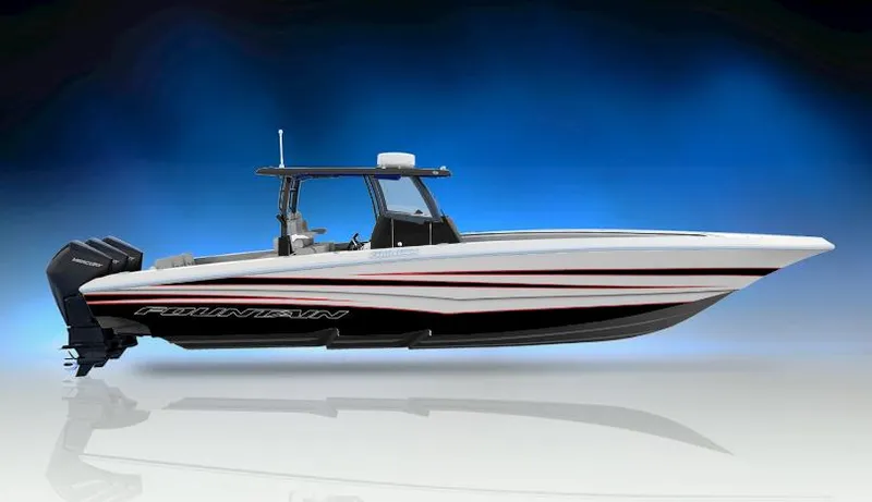 Slide: The Image of 2025 Fountain 38 SC speedboat with sleek design and powerful outboard engines. - 3
