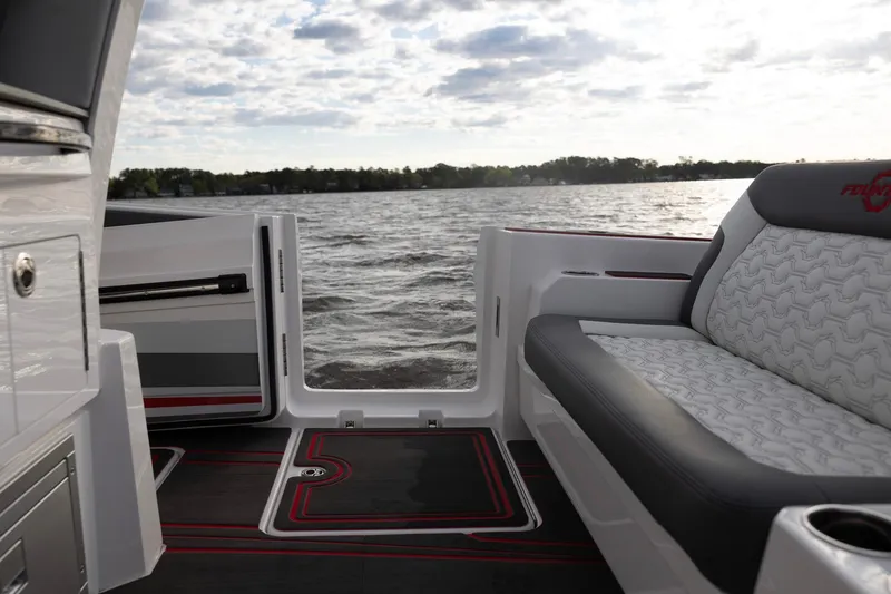 Slide: The Image of 2025 Fountain 43 SCX boat interior with lake view. - 17