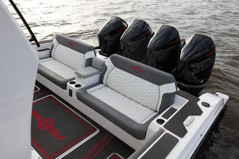 Slide: The Image of 2025 Fountain 43 SCX boat with quad outboard engines and luxurious seating. - 18