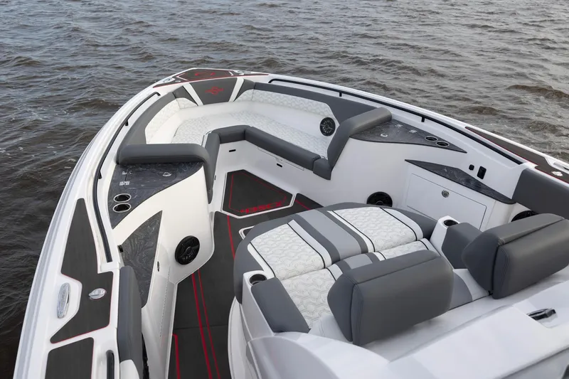 Slide: The Image of 2025 Fountain 43 SCX boat interior with luxurious seating on the water. - 3