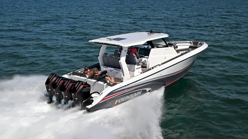 Slide: The Image of 2025 Fountain 43 SCX speedboat cruising on open water. - 4