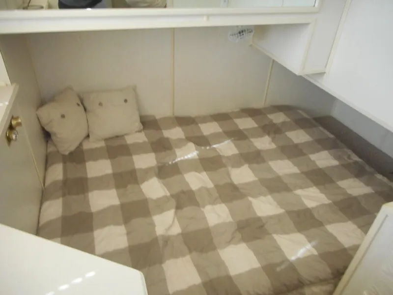 Slide: The Image of Cozy bedroom in 1995 Stardust Cruisers The Verdict houseboat with checkered bedding. - 23