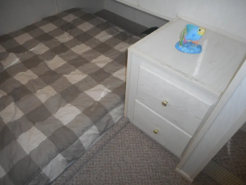 Slide: The Image of Small bedroom in 1995 Stardust Cruisers The Verdict houseboat with checkered bedding and nightstand. - 24