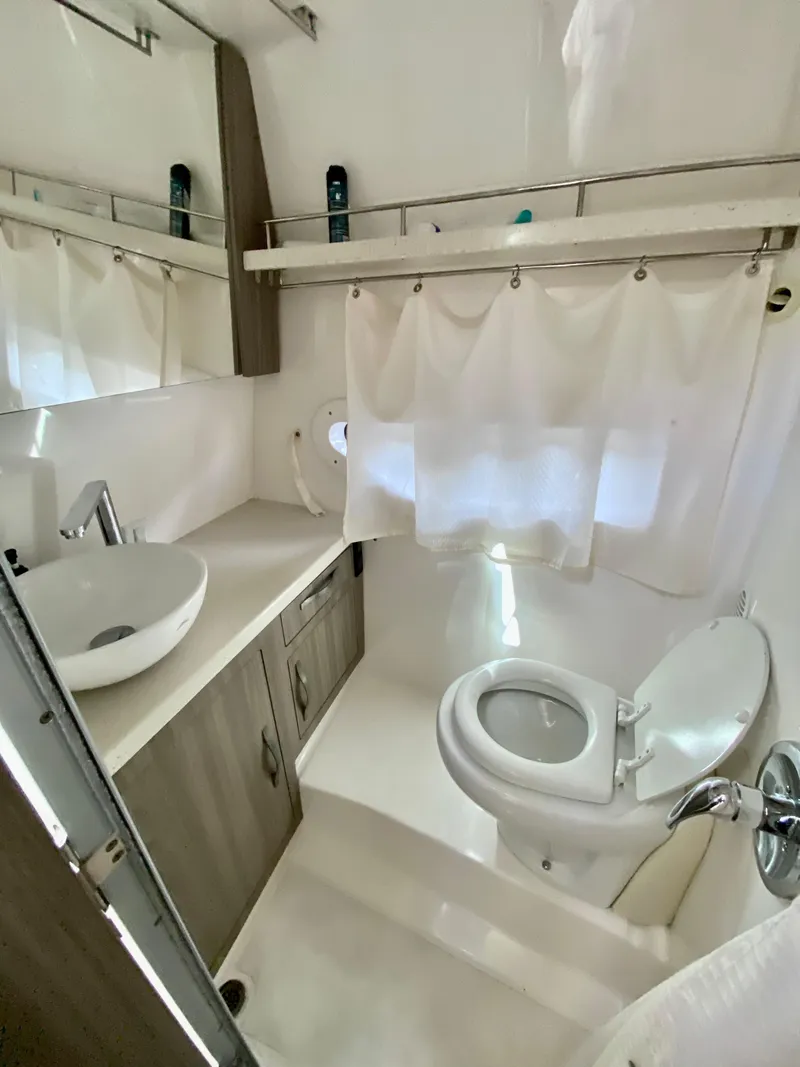 Slide: The Image of 2019 Regal 33 Express cabin interior with bed, porthole, and storage cabinet. - 20