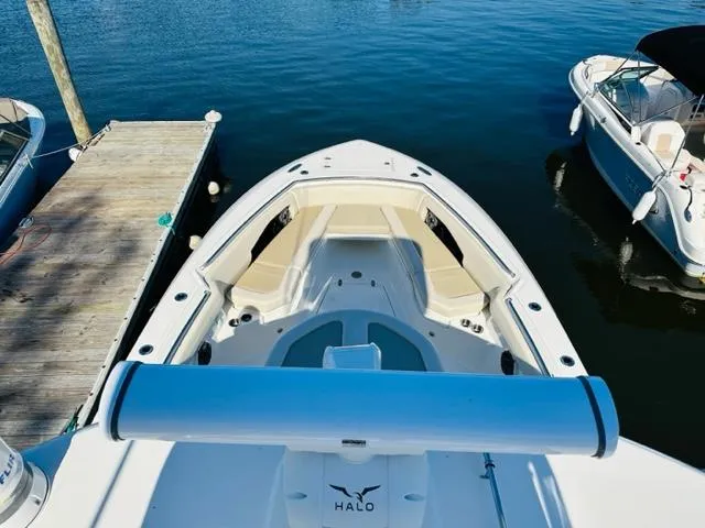 Slide: The Image of 2023 Boston Whaler 360 Outrage docked at marina, top view. - 45