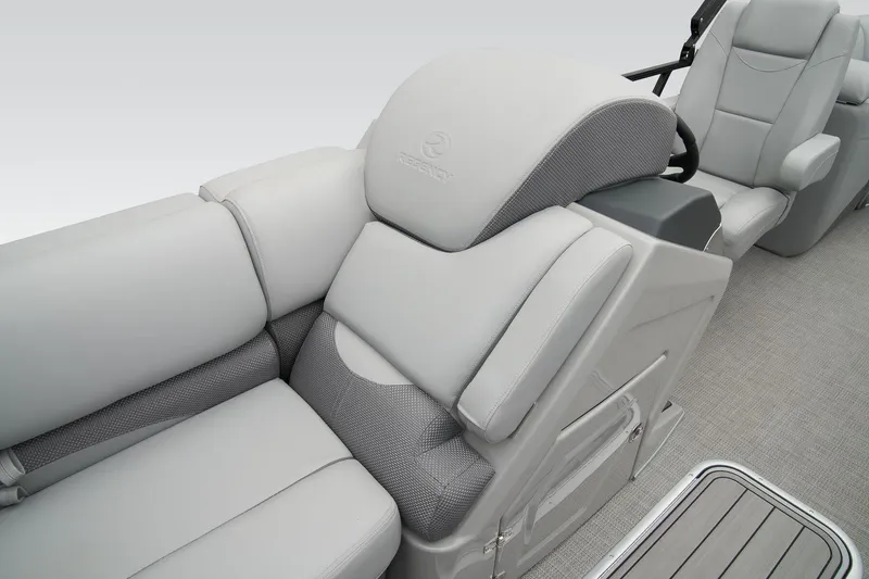 Slide: The Image of 2024 Regency 230 DL3 boat interior with luxurious gray seating. - 20