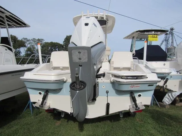 Slide: The Image of 2024 Boston Whaler 250 Dauntless boat rear view, displayed on grass. - 31