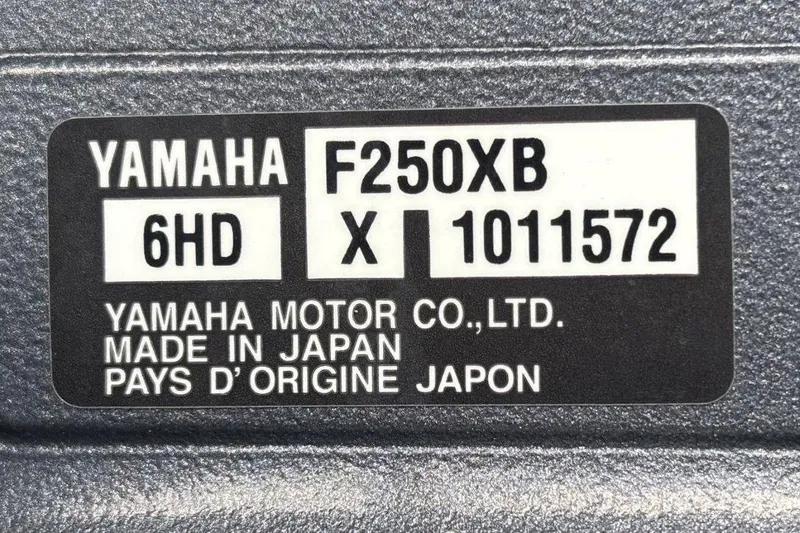 Slide: The Image of Yamaha F250XB engine label, made in Japan, on 2023 Starcraft CX 23 DL BAR. - 47